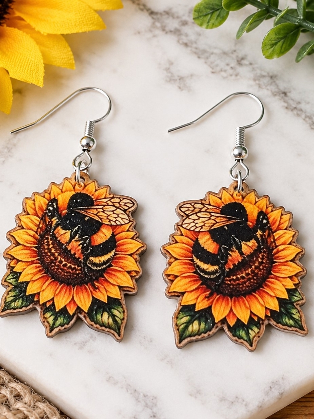 Sunflower & Bee Wooden Drop Earrings in Orange and Yellow